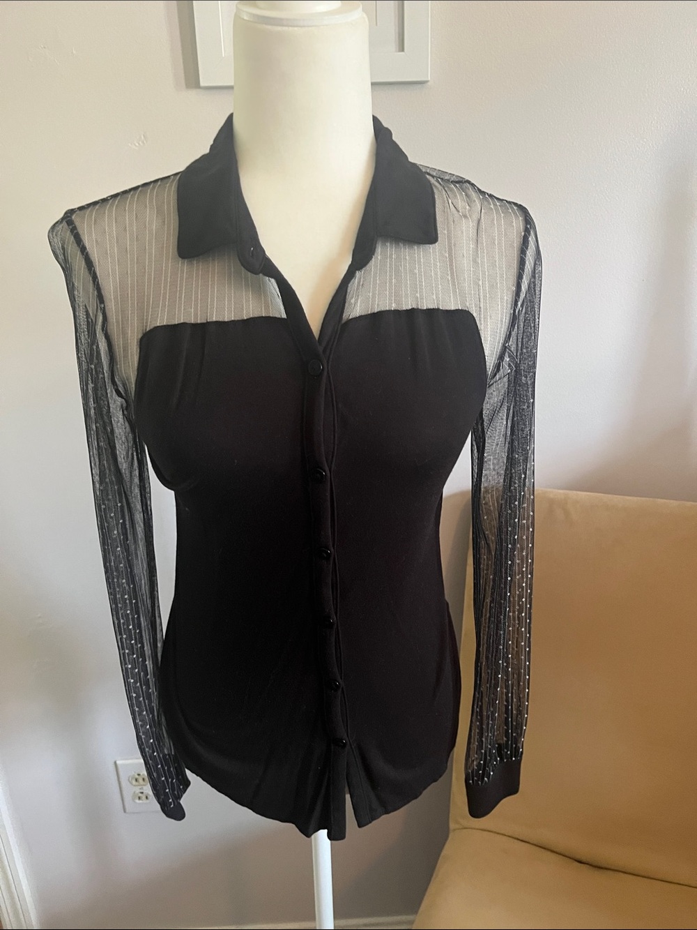 Vera Wang Black Sheer-Panel Button-Down Blouse